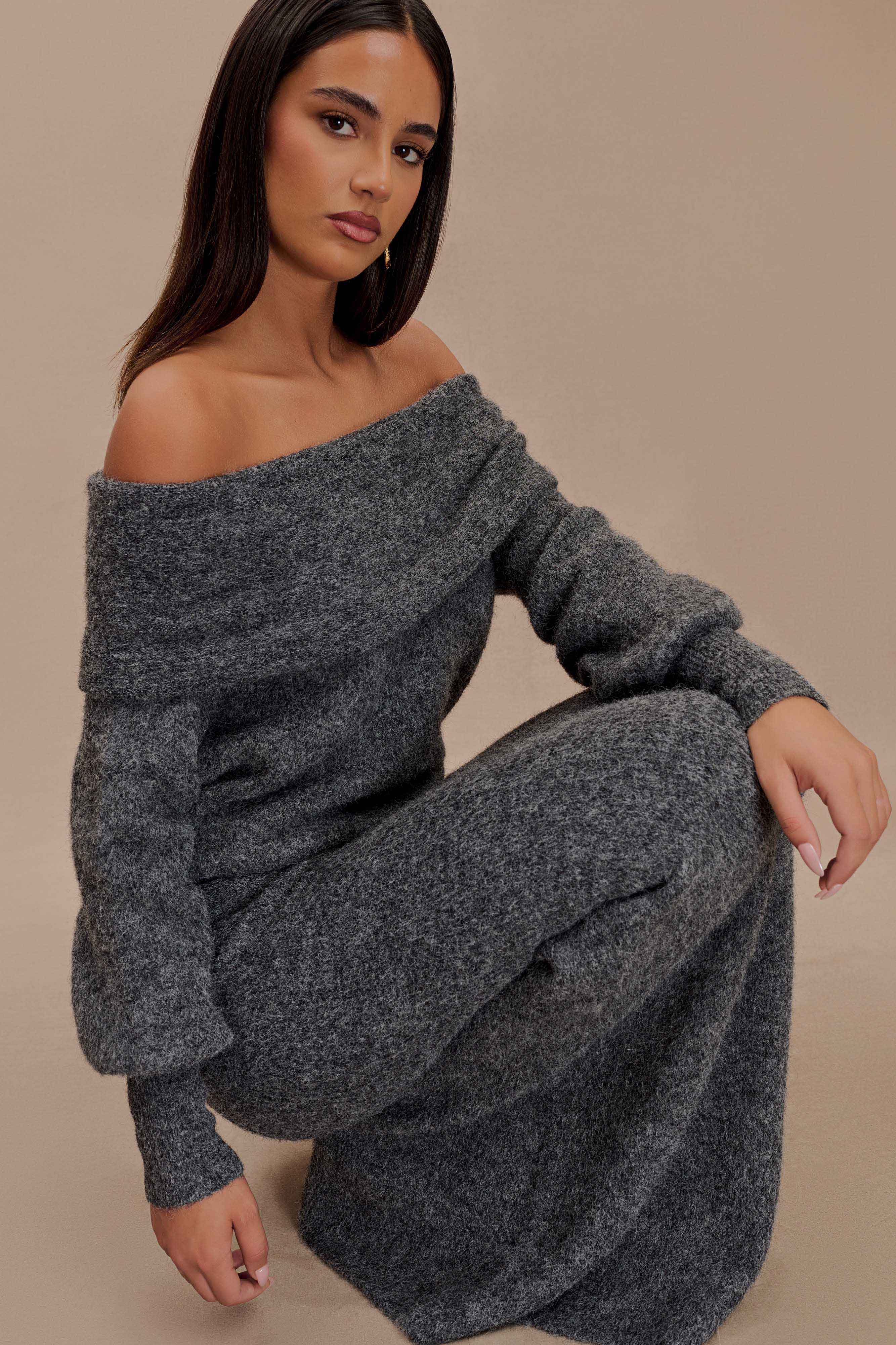 Charlotte Knit Maxi Skirt With Overlay - Charcoal
