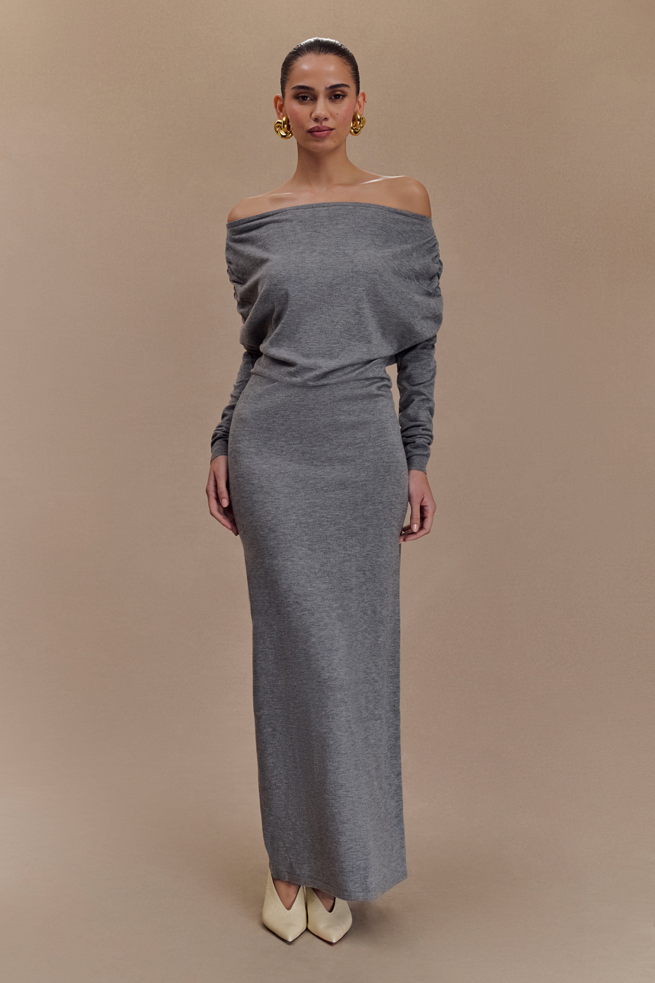 Jessie Cowl Neck Knit Midi Dress - Charcoal Marle