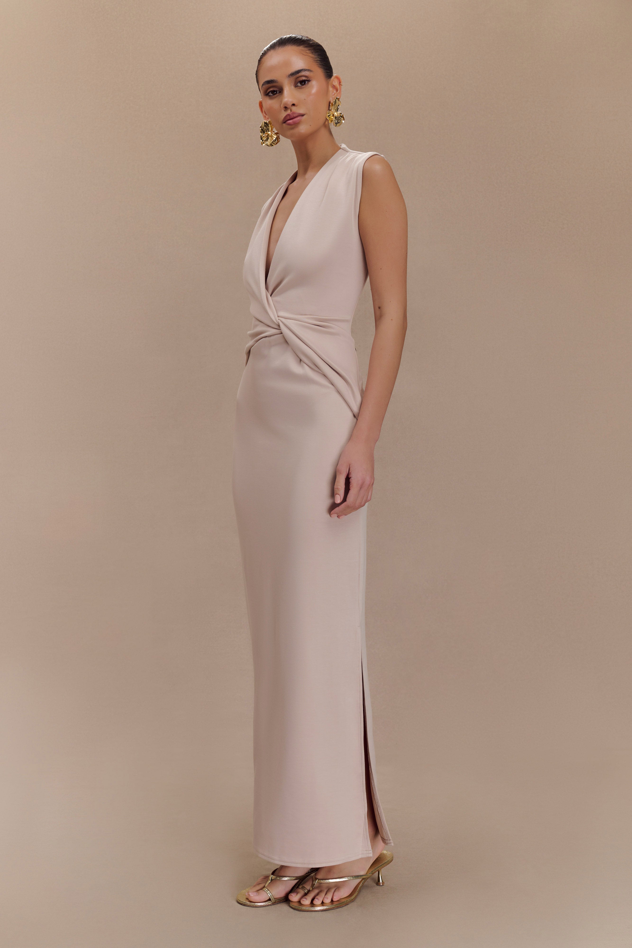 Lorelei Crepe Twist Midi Dress - Taupe