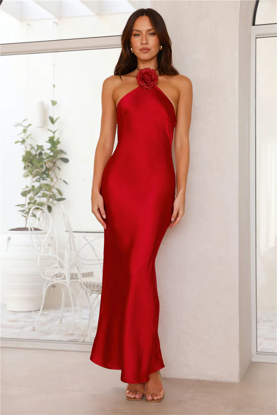Admired By All Satin Halter Maxi Dress Red