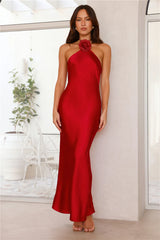 Admired By All Satin Halter Maxi Dress Red