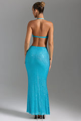 Embellished Cut-Out Halterneck Maxi Dress in Aqua Blue
