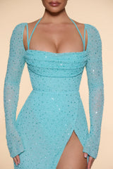 Embellished Cowl Neck Maxi Dress in Aqua
